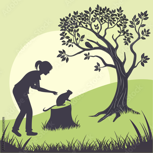A person planting a young tree seedling under a large tree for growth and sustainability