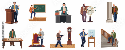 Collection of university professor and academic scholar characters in various educational and historical settings, flat vector illustration on white background.