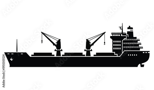 Black silhouette of a large industrial cargo ship equipped with two heavy duty deck cranes