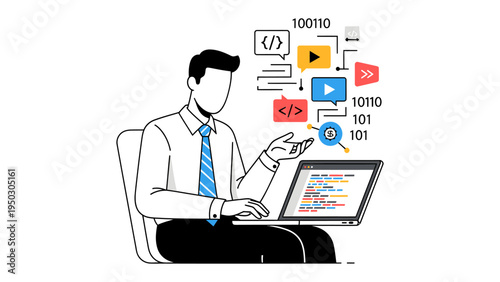 The Code Artisan: A modern illustration of a focused individual engrossed in coding, representing the synergy of technology, innovation, and digital craftsmanship.