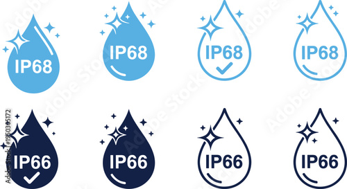 I P68 and I P66 waterproof rating icons with sparkles and checkmarks IP68 IP66