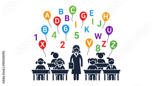 Creative Classroom Illustration: Capturing the essence of a classroom, a teacher stands before a group of young students. The vibrant image uses balloons, numbers.