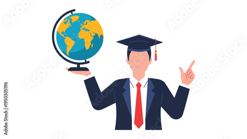 Global Education Vision: A graduate, adorned in cap and gown, holds a globe, embodying the spirit of global education, knowledge, and future possibilities.