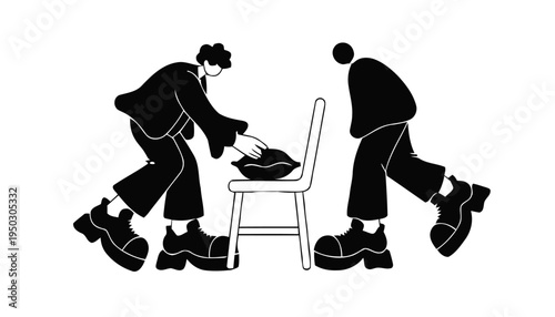 Two people in black silhouette secretly placing an object on a chair in a mysterious and intriguing scene