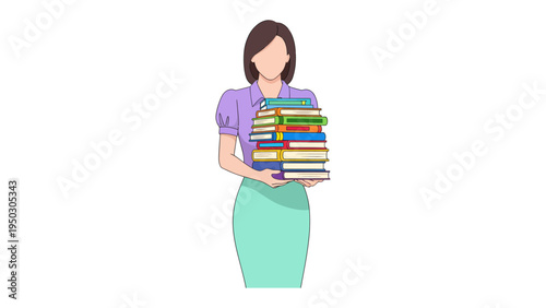 Literary Load: A woman stands with a stack of colorful books in her arms, illustrating the love of learning and the world of knowledge.