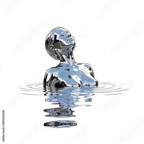 Metallic human figure partially submerged in calm water
