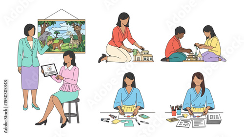 Women engaging activities:A collection of women participating in various activities, ranging from art appreciation to craft making and teaching