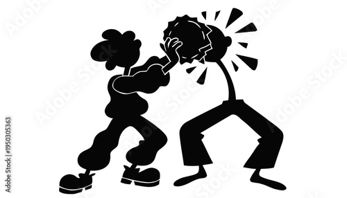 Cartoon style silhouette of one person smashing another's head with a fist aggressive action conflict violence anger frustration cartoon illustration black and white graphic