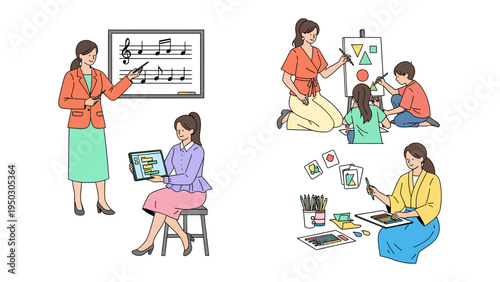 Creative Guidance: A collection of educational scenes showcases a teacher interacting with students through art, music, and digital tools, fostering creativity and learning.