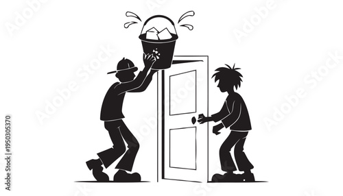 Mischievous pranksters performing a sneaky nighttime prank with a bucket of water