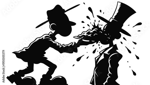 Cartoon style silhouette of one person smashing a pie in another person's face in a comedic and messy scene