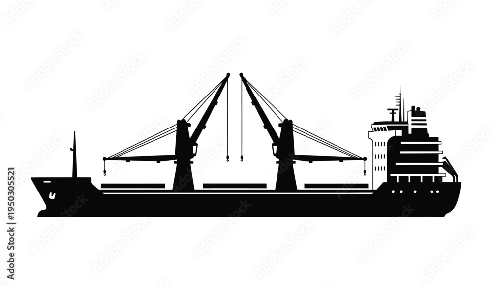 Obraz premium Black silhouette profile of a large cargo vessel equipped with two heavy duty deck mounted cranes