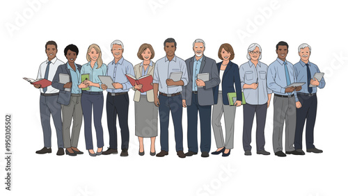 Business professionals group: A diverse group of business people, a testament to the power of unity and collaboration. The professionals stand shoulder-to-shoulder, holding briefcases and tablets.