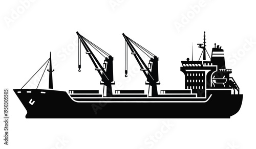 A silhouette illustration of a large cargo ship equipped with two cranes for loading commodities