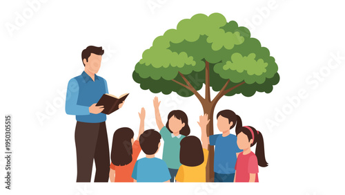 Story Time Under the Canopy: A nurturing teacher, engrossed in a captivating story, captivates a circle of enthusiastic children, their hands raised high under the shade of a flourishing tree.