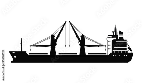 Black silhouette profile of a large cargo vessel equipped with two heavy duty deck mounted cranes