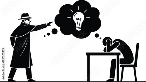 Man in trench coat pointing at frustrated person thinking of lightbulb idea finger