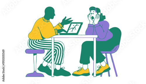 Two people sitting at a table looking at a laptop with a shocked expression