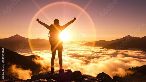 hiker silhouette with raised arms on mountain peak above clouds. bright sunrise sky with lens flare. success, freedom, achievement concept. outdoor adventure, active lifestyle, motivation background.