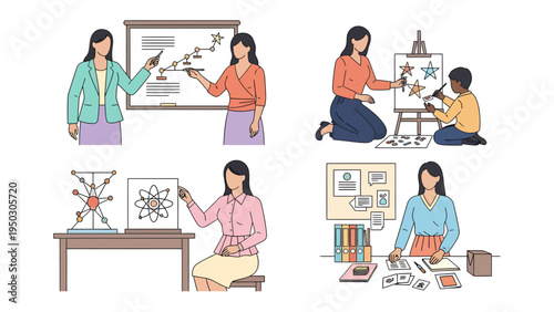 Education and Creativity: A montage of an educator guide students in different learning scenarios, highlighting creativity, knowledge, and intellectual growth.