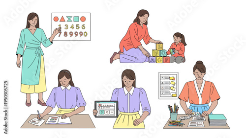 Nurturing Education and Play: A heartwarming portrayal of a caring instructor engaging in a variety of activities with a child, embodying the essence of education, creativity, and development.