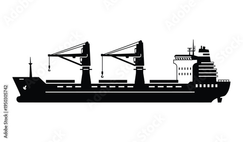 A detailed silhouette of a large industrial cargo vessel equipped with heavy duty loading cranes