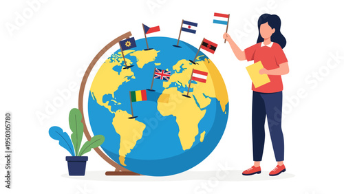 Global Interaction: A woman with brown hair holding flag stands next to globe, learning and understanding other cultures of the world.
