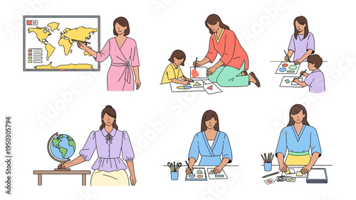 Artistic Expressions in the Classroom: Various scenes of a teacher guiding students in artistic activities, fostering creativity and learning within a vibrant classroom environment. 