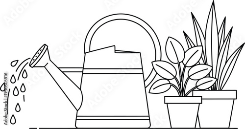 Minimalist line art illustration showing a watering can actively pouring water onto potted houseplants for indoor gardening needs.