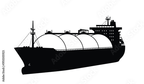 Black silhouette of a large liquefied natural gas tanker ship showing the spherical storage tanks