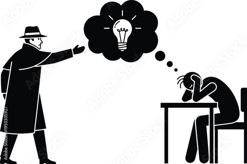 Detective Inspiring a Discouraged Person Sitting at a Desk with a Lightbulb Idea Bubble Keywords: detective, man, trench coat