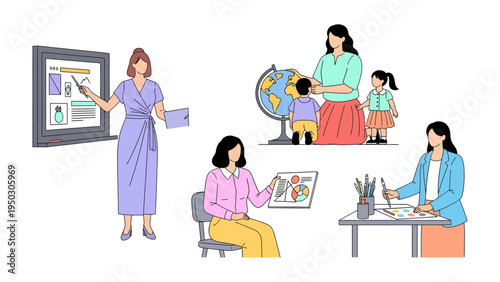 Teaching Moments: A Collection of illustrations depicting educators in action, sharing knowledge and inspiring the next generation.