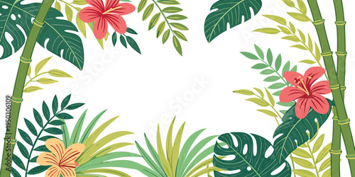 Tropical Jungle Border Frame with Bamboo and Hibiscus Flowers