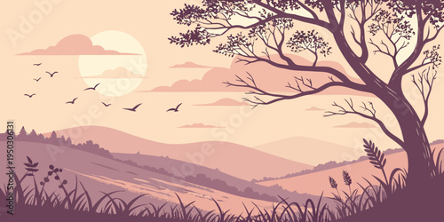 Silhouette Tree Landscape at Sunset with Birds Flying Over Hills Stock Illustration
