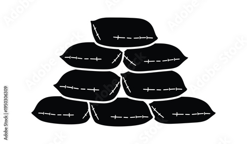 A black and white graphic illustration of a defensive wall built from stacked military sandbags