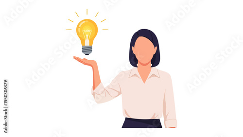 Woman with a Bright Idea: An illustration shows a woman is holding a glowing light bulb above her hand, representing innovation and a creative idea.