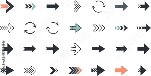 Set of modern arrow icons and directional symbols, flat vector illustrations of straight, curved, dashed and pointer arrows isolated on white background