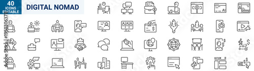 Digital nomad line icons. Includes remote work, freelance lifestyle, laptop workspace, travel, online meetings, coworking, coffee shop work, cloud services, productivity tools, and location independen