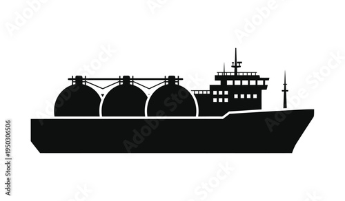 Black silhouette of a liquefied natural gas carrier ship featuring three large spherical tanks