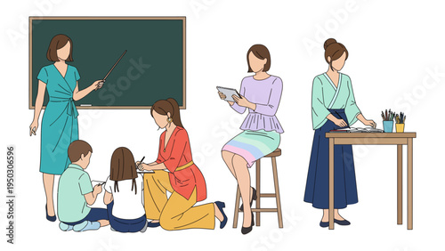 Education Illustration: A group of female educators guide young learners in various activities, from drawing to using technology, within a vibrant and inspiring classroom setting.