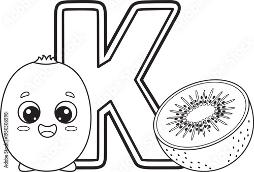 Letter K with cute cartoon kiwi fruit illustration and a sliced kiwi fruit