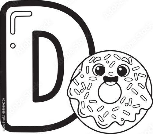 Outline Graphic of Letter D Beside a Cute Cartoon Donut Character with Sprinkles and Icing