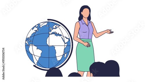 The Educator's Discourse: An illustration capturing an educator, her poised presentation near a globe, engages an unseen audience, inspiring curiosity.