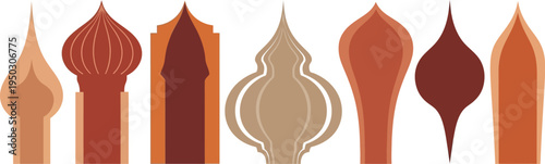 A collection of architectural dome and spire silhouettes in various shades of brown and orange