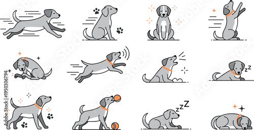 Cute Dog Activity and Behavior Icon Set with Running Playing Sleeping Symbols