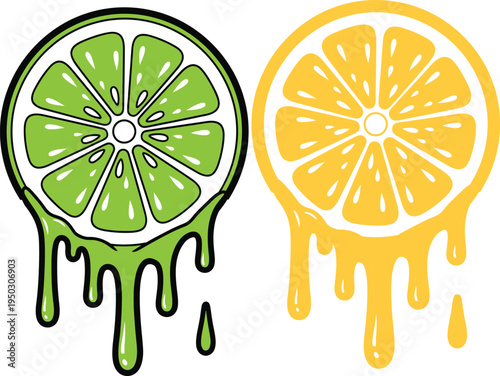 A stylized vector illustration of a vibrant green  and orange lime slice with liquid melting down the bottom
