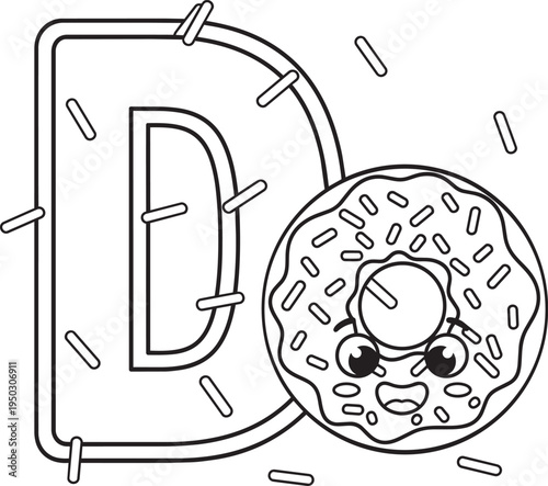 Outline Illustration of the Letter D with a Sprinkled Donut and Falling Sprinkles
