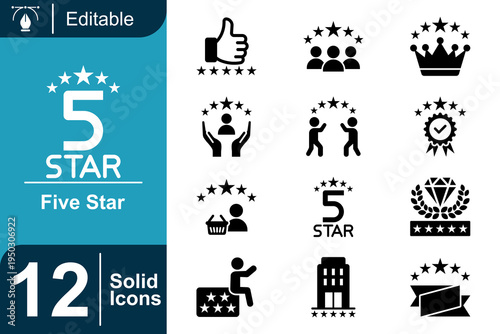 Five star icon set. Customer rating concept, satisfaction review system, premium service badge, reputation ranking, quality evaluation stars, trusted product feedback and more. Solid vector icons coll