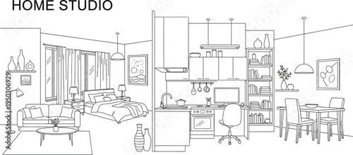 Comprehensive line art illustration depicting a modern home studio apartment, thoughtfully designed with a bedroom, living room, kitchen, and dining area.