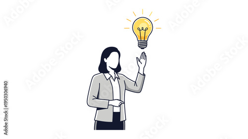 Enlightened Entrepreneurial Spark: A determined businesswoman finds her muse as a lightbulb illuminates, symbolizing the birth of a groundbreaking notion.